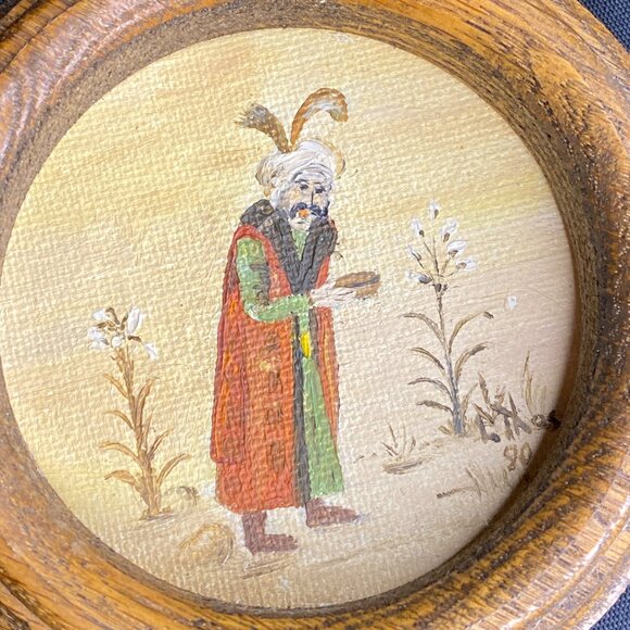 1990 Signed Hand Painted Mini Acrylic Persian Style Painting in Round Oak Frames - Picture 3 of 8